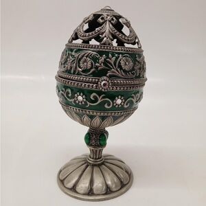 Vintage Silver and Green Decorative Egg w/Hidden Church Musical Trinket Box